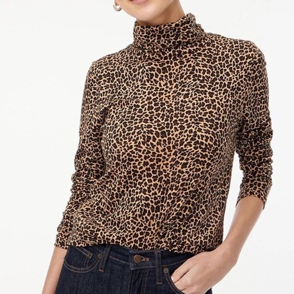 J.Crew Leopard Print Long Sleeve Turtleneck Top size large 100% Cotton Womens - Picture 1 of 6
